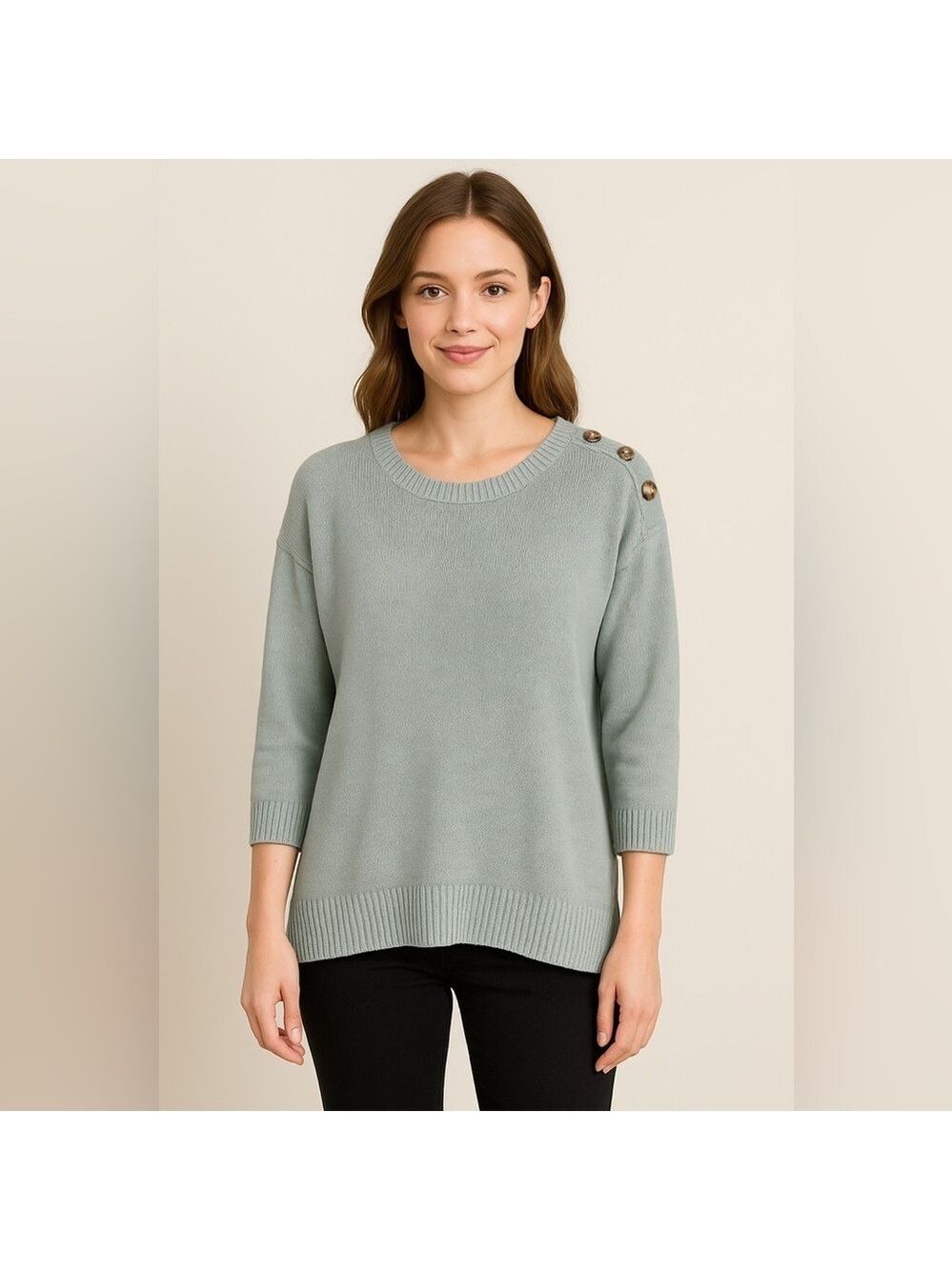 Tahari Linen Sweater Women's Small Sage Green Button Shoulder